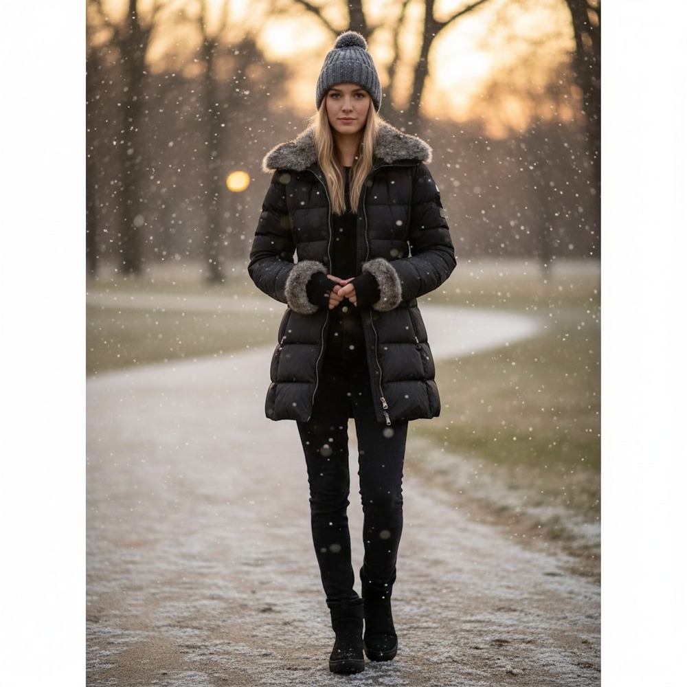 Liz Claiborne Black Down Puffer Coat Removable Faux Fur Collar Large